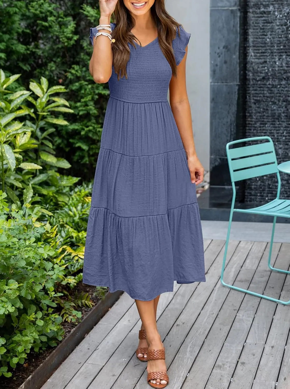 MEROKEETY Women's Flutter Sleeve Smocked Midi Dress V Neck Casual Tiered Dresses with Pockets