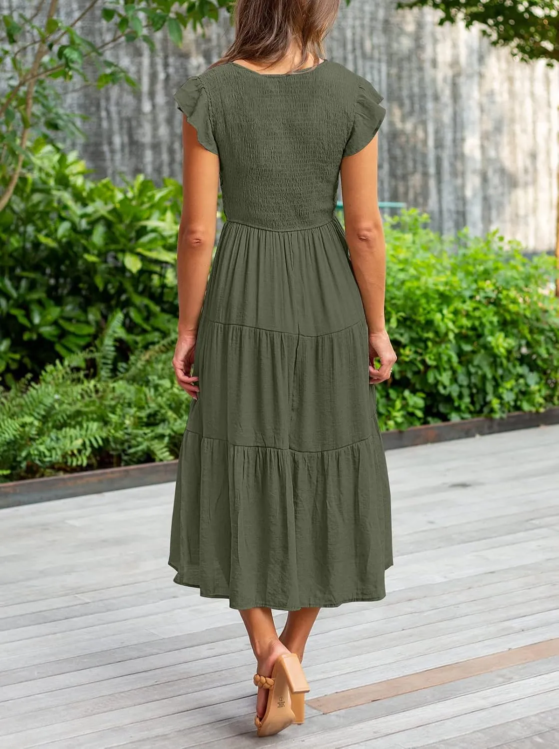 MEROKEETY Women's Flutter Sleeve Smocked Midi Dress V Neck Casual Tiered Dresses with Pockets
