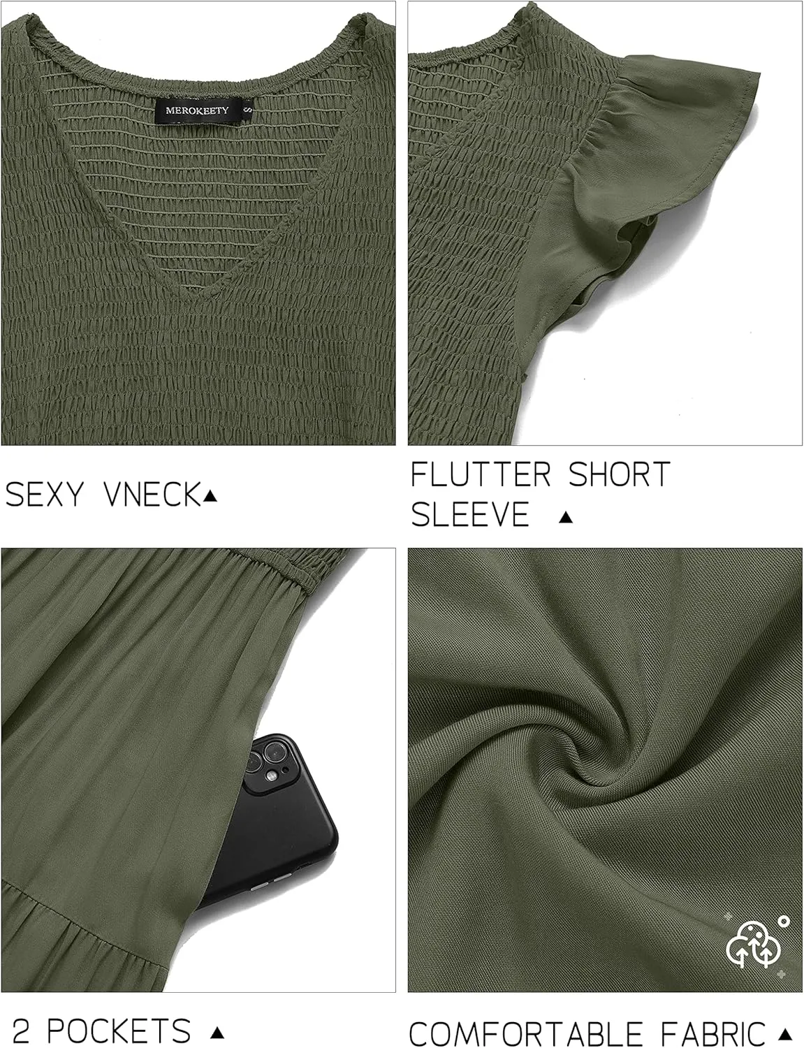 MEROKEETY Women's Flutter Sleeve Smocked Midi Dress V Neck Casual Tiered Dresses with Pockets