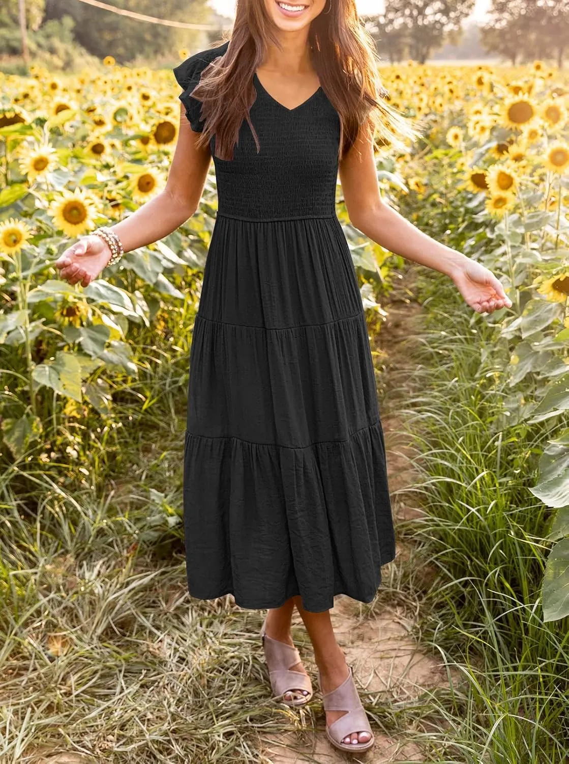 MEROKEETY Women's Flutter Sleeve Smocked Midi Dress V Neck Casual Tiered Dresses with Pockets