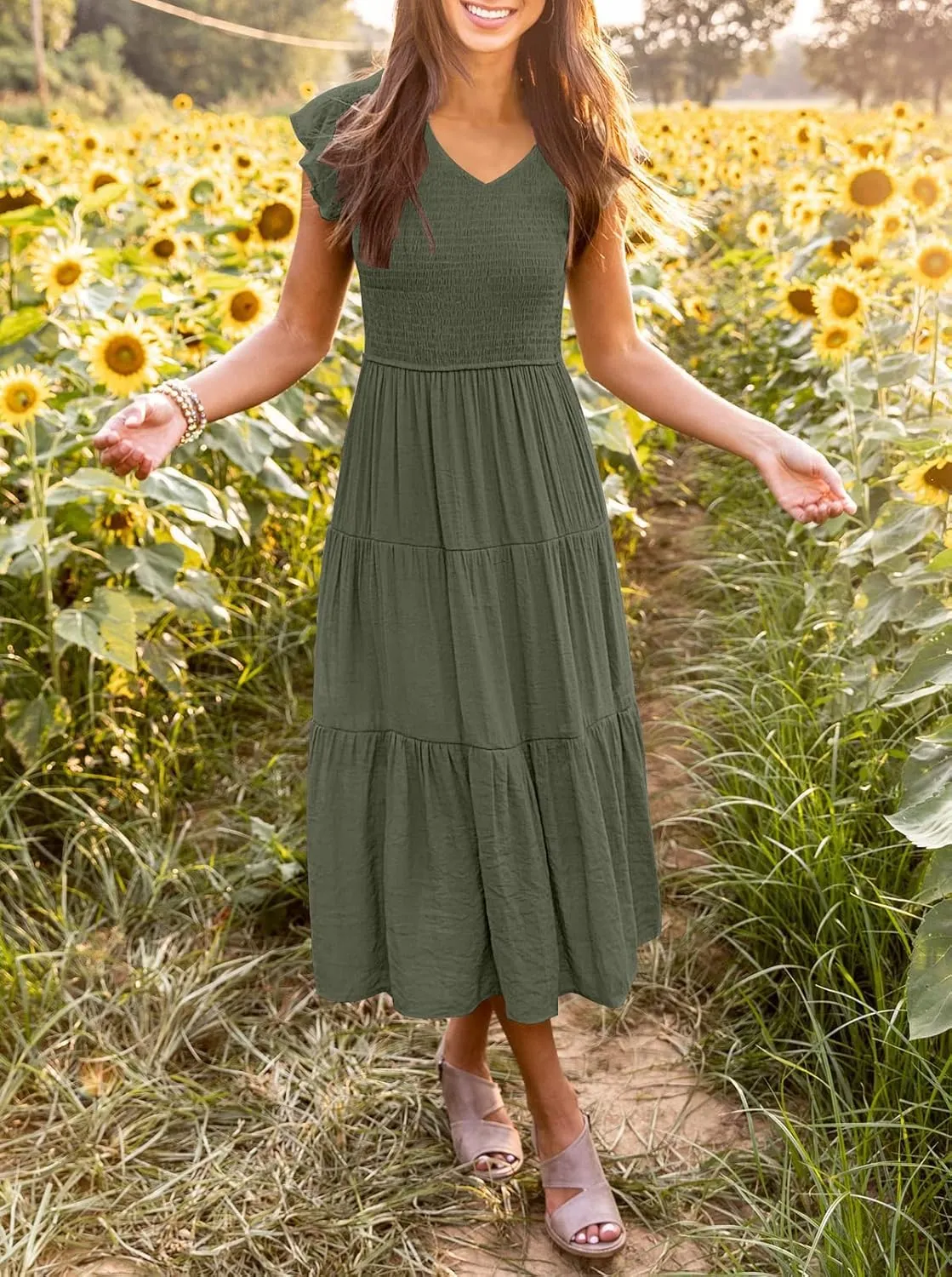 MEROKEETY Women's Flutter Sleeve Smocked Midi Dress V Neck Casual Tiered Dresses with Pockets