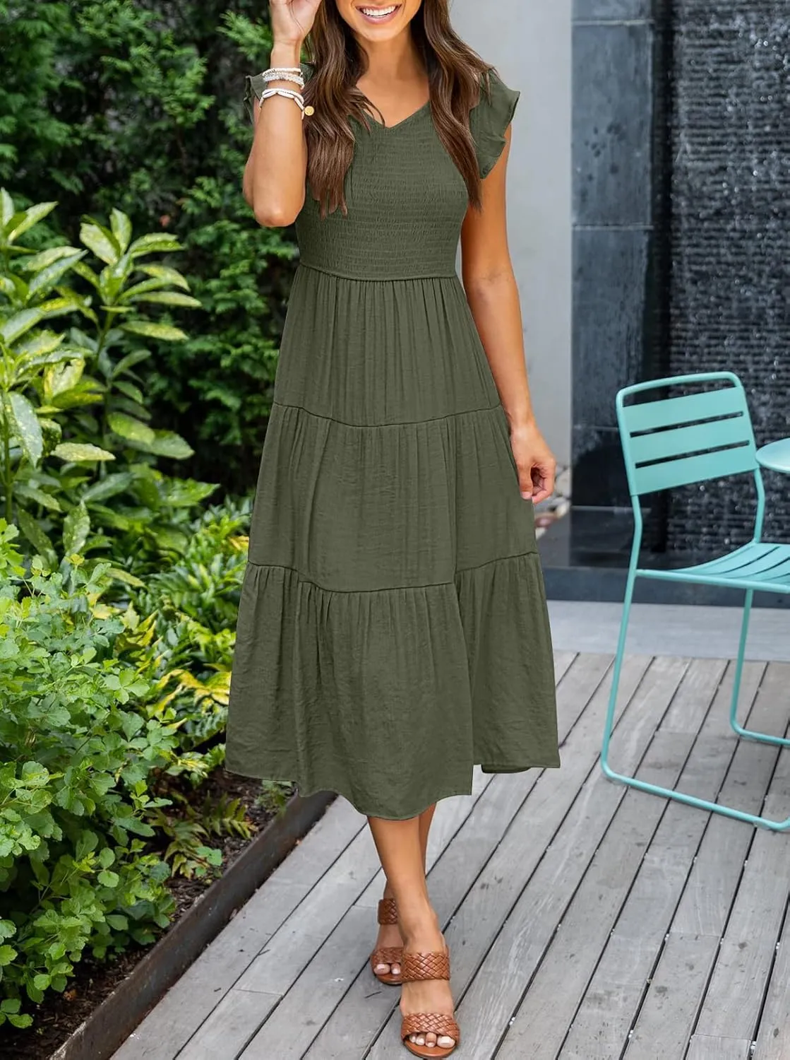 MEROKEETY Women's Flutter Sleeve Smocked Midi Dress V Neck Casual Tiered Dresses with Pockets