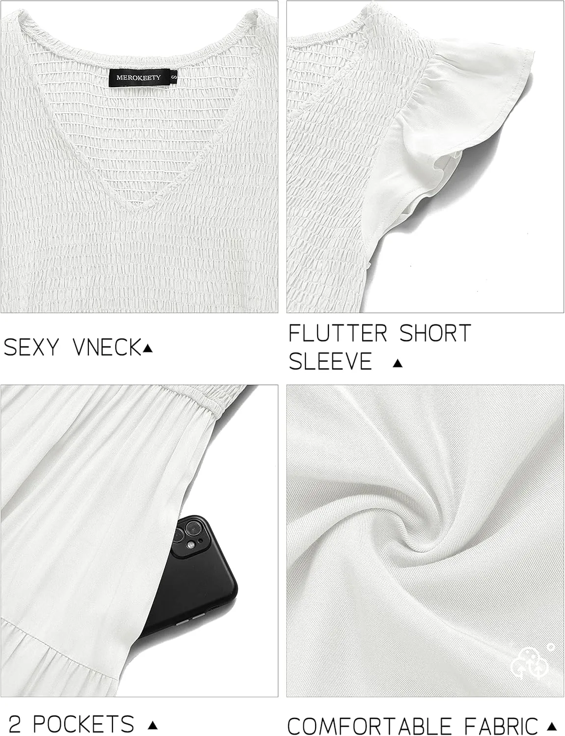MEROKEETY Women's Flutter Sleeve Smocked Midi Dress V Neck Casual Tiered Dresses with Pockets