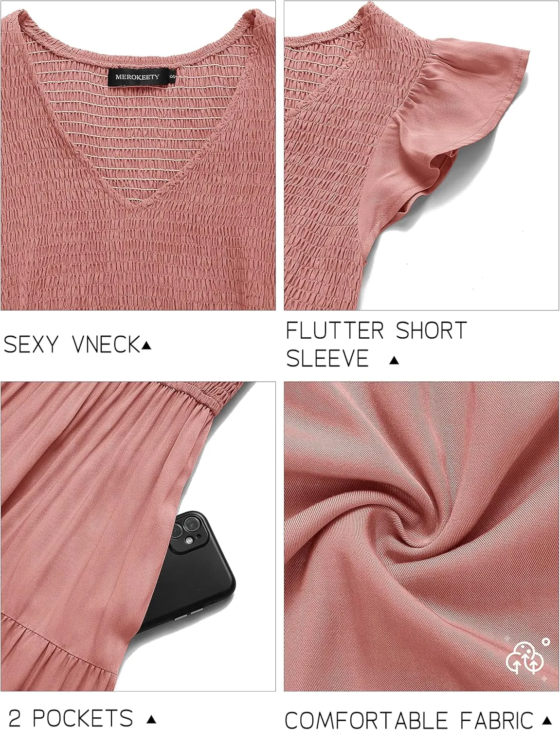 MEROKEETY Women's Flutter Sleeve Smocked Midi Dress V Neck Casual Tiered Dresses with Pockets
