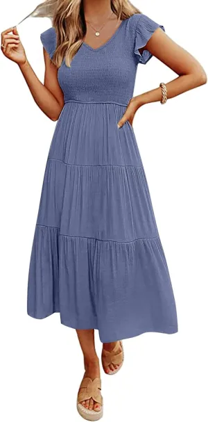 MEROKEETY Women's Flutter Sleeve Smocked Midi Dress V Neck Casual Tiered Dresses with Pockets