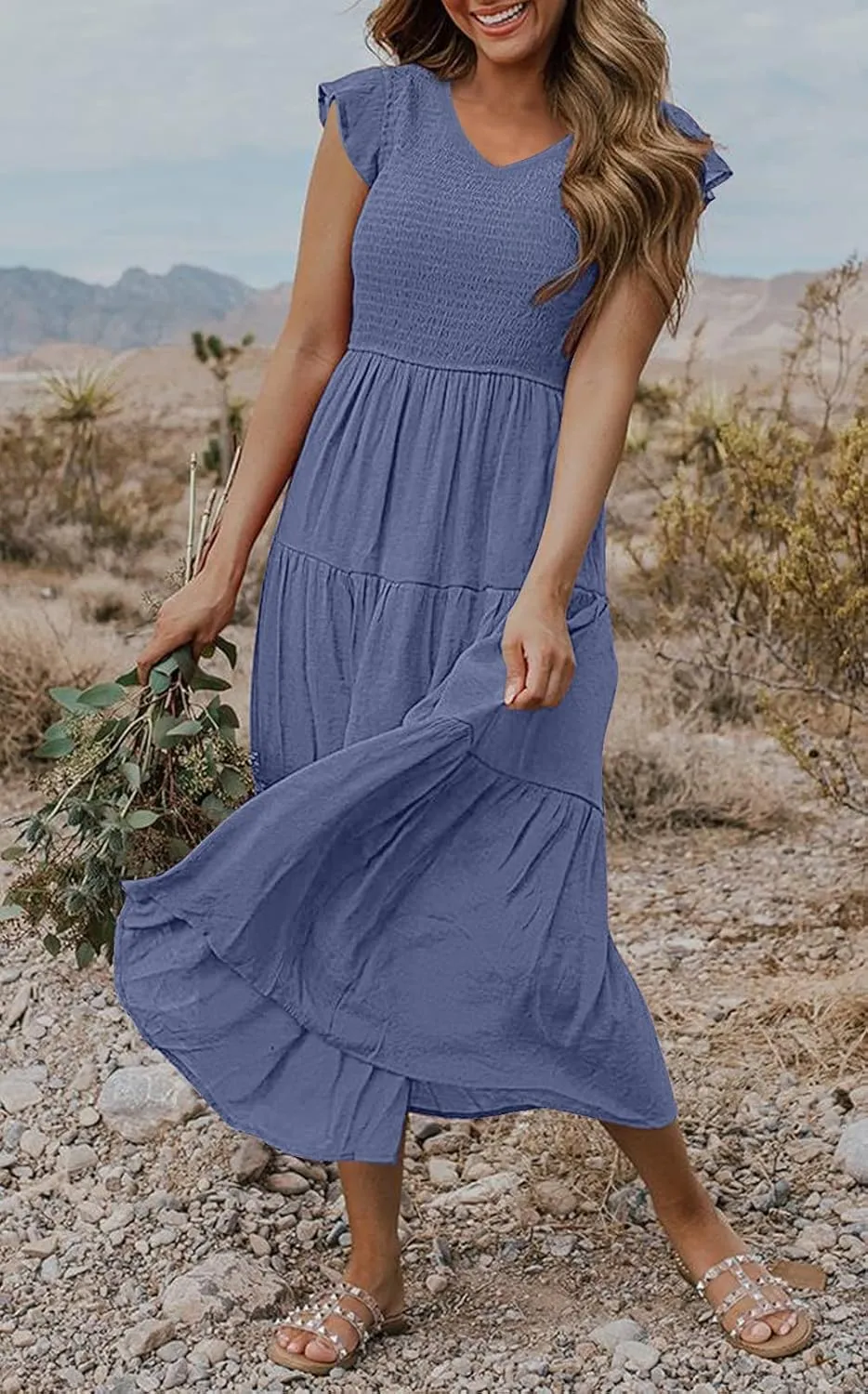 MEROKEETY Women's Flutter Sleeve Smocked Midi Dress V Neck Casual Tiered Dresses with Pockets