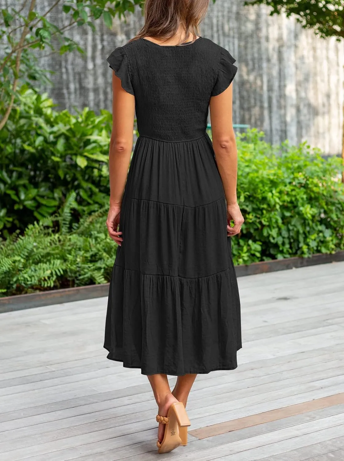 MEROKEETY Women's Flutter Sleeve Smocked Midi Dress V Neck Casual Tiered Dresses with Pockets