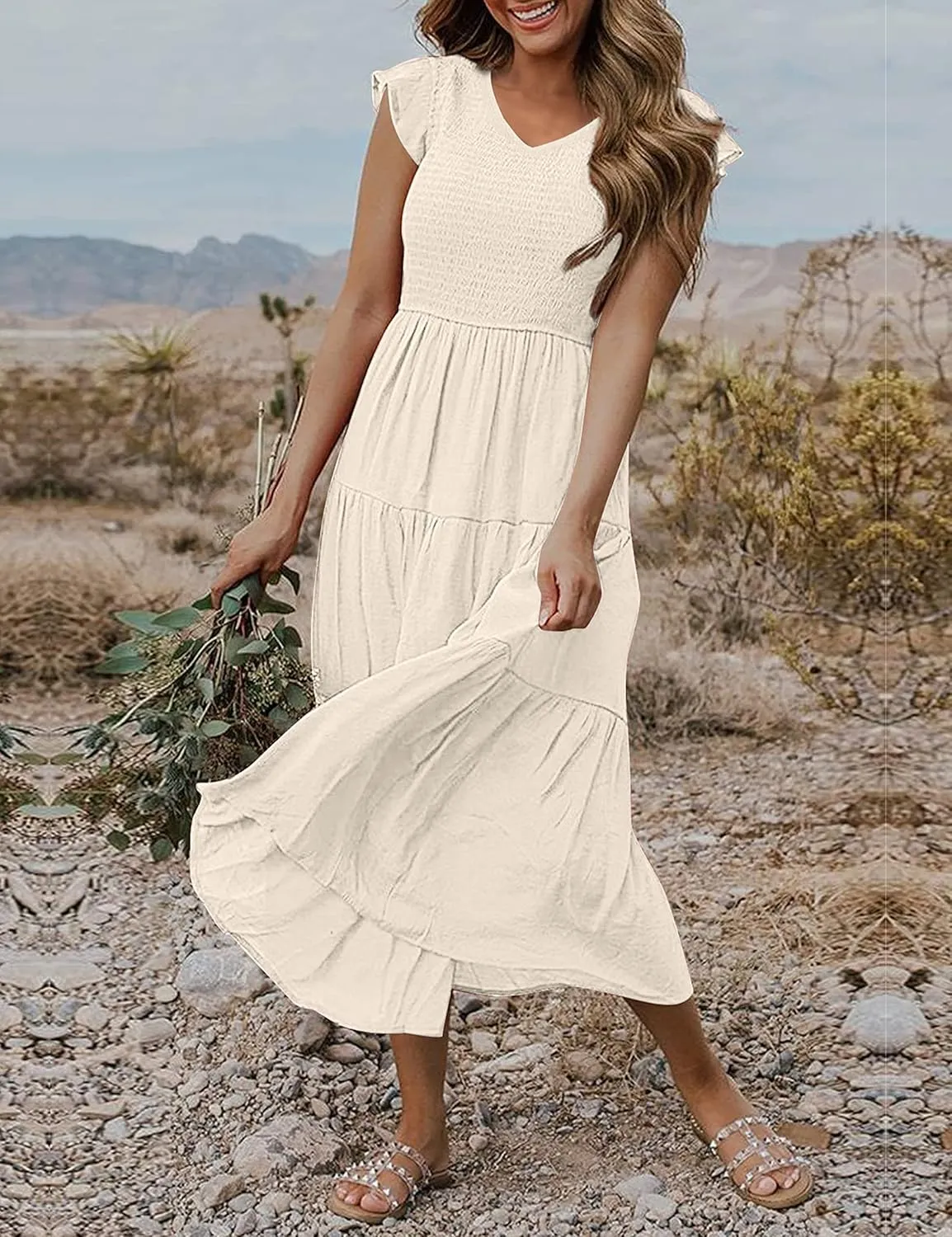 MEROKEETY Women's Flutter Sleeve Smocked Midi Dress V Neck Casual Tiered Dresses with Pockets