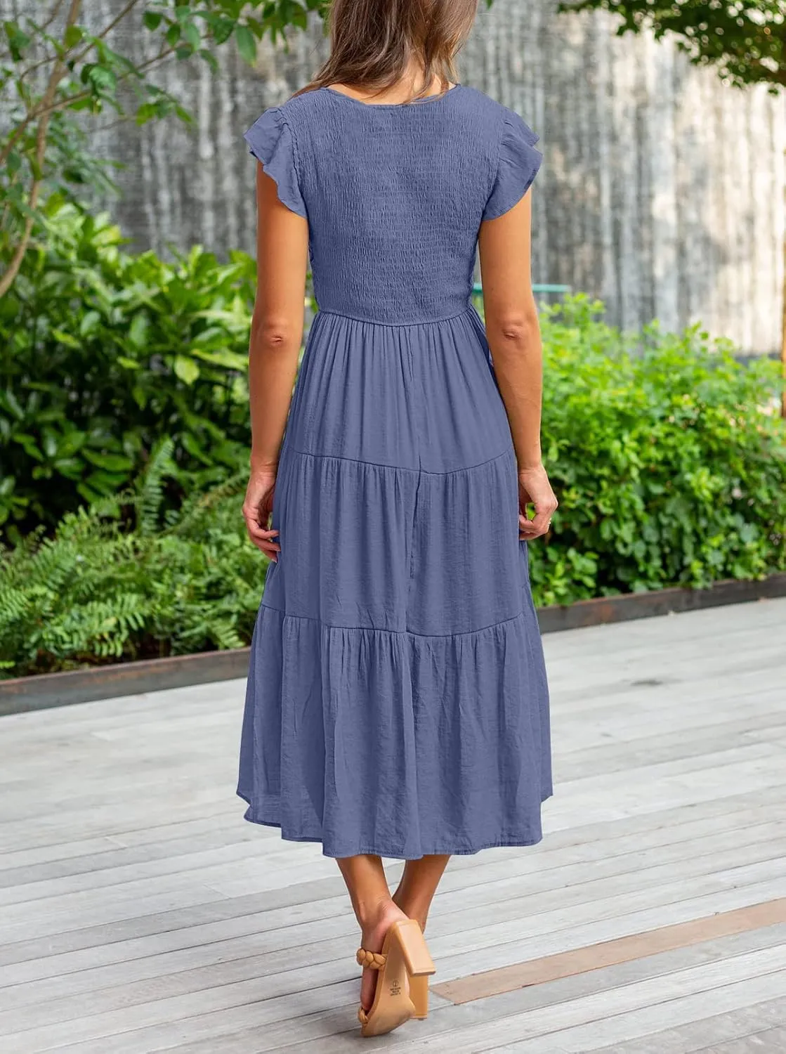 MEROKEETY Women's Flutter Sleeve Smocked Midi Dress V Neck Casual Tiered Dresses with Pockets