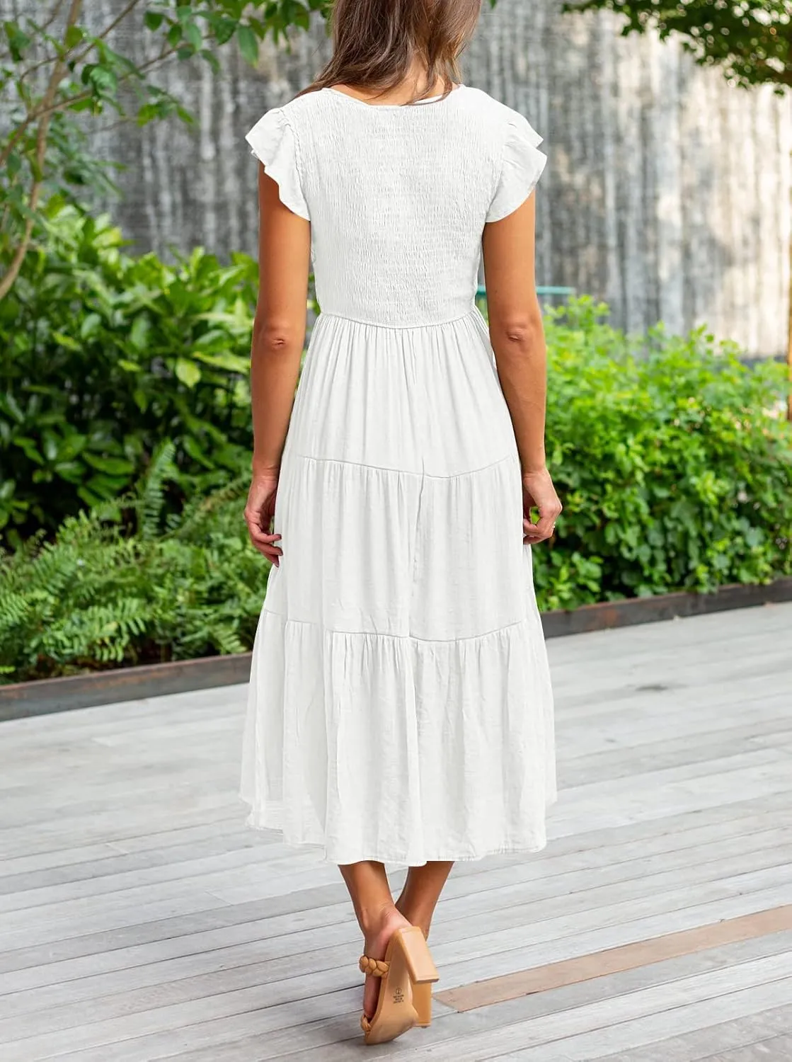 MEROKEETY Women's Flutter Sleeve Smocked Midi Dress V Neck Casual Tiered Dresses with Pockets