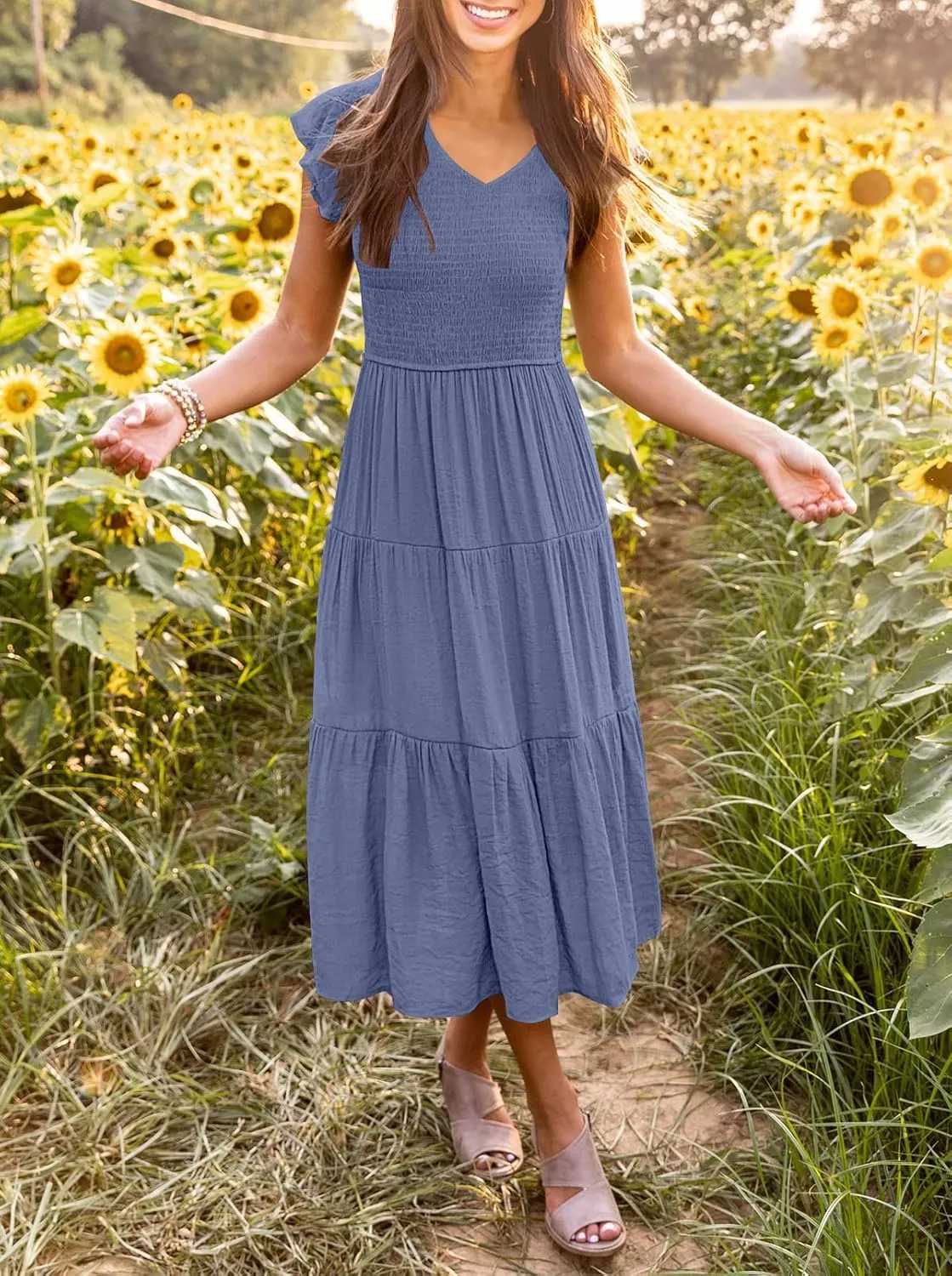 MEROKEETY Women's Flutter Sleeve Smocked Midi Dress V Neck Casual Tiered Dresses with Pockets