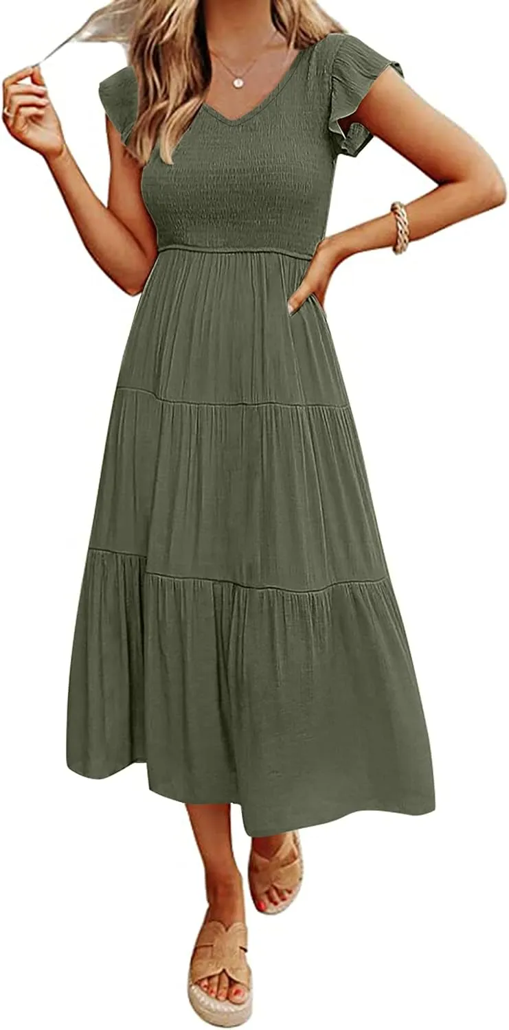 MEROKEETY Women's Flutter Sleeve Smocked Midi Dress V Neck Casual Tiered Dresses with Pockets