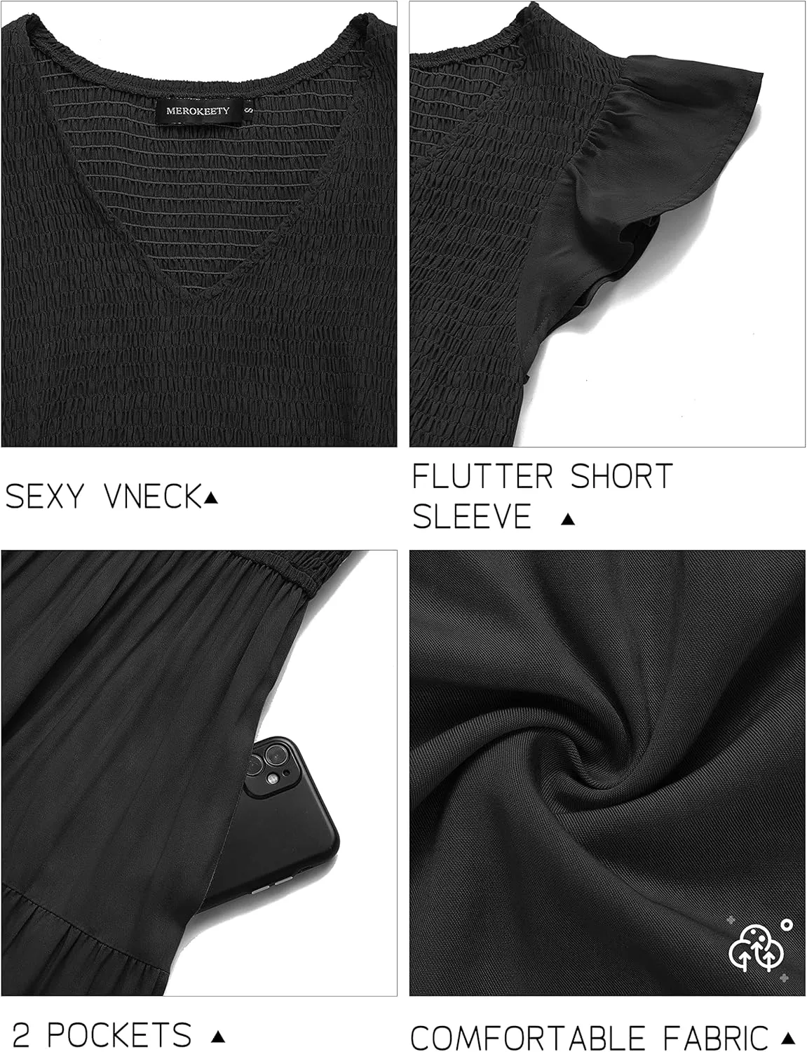 MEROKEETY Women's Flutter Sleeve Smocked Midi Dress V Neck Casual Tiered Dresses with Pockets