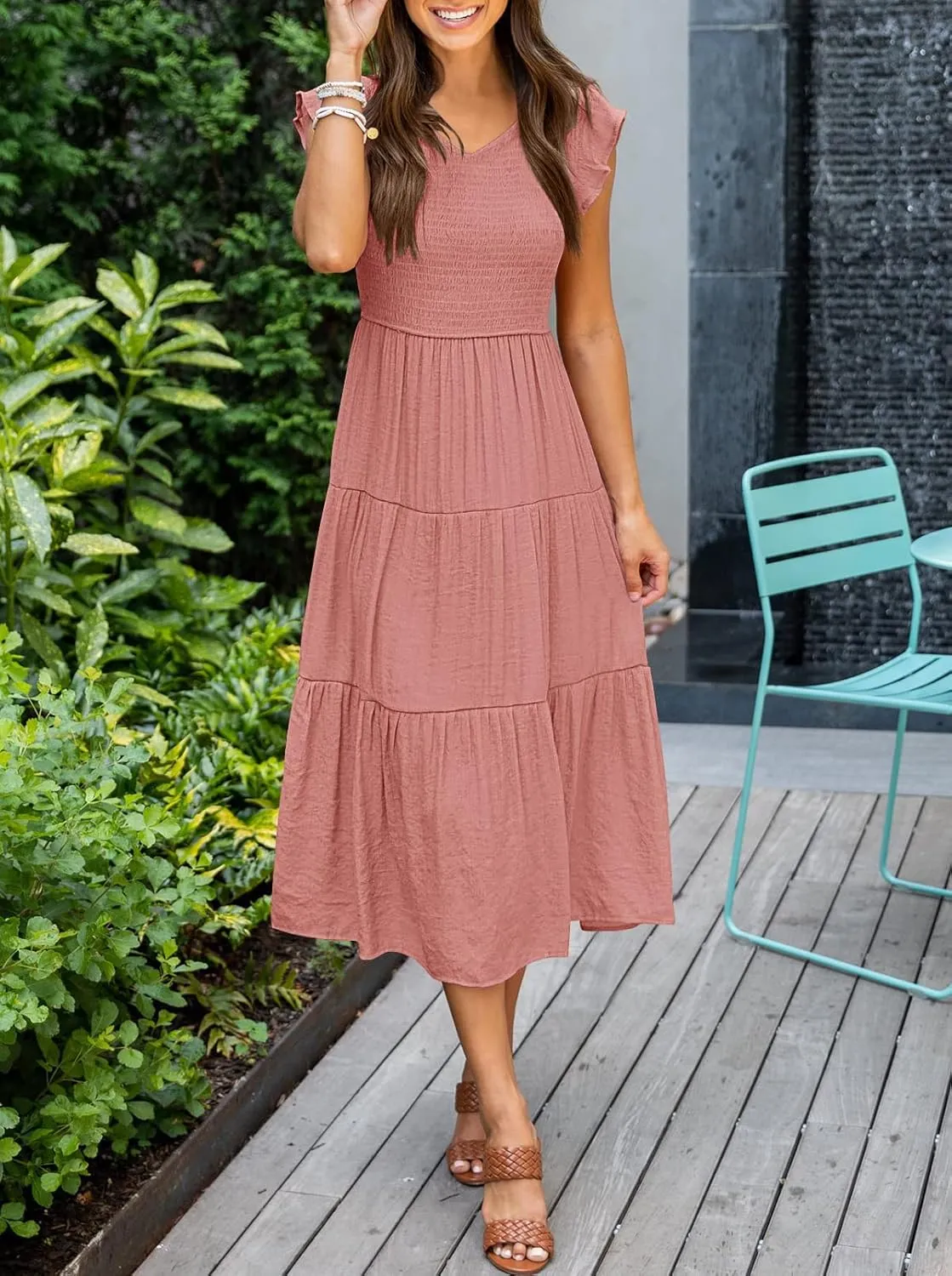 MEROKEETY Women's Flutter Sleeve Smocked Midi Dress V Neck Casual Tiered Dresses with Pockets