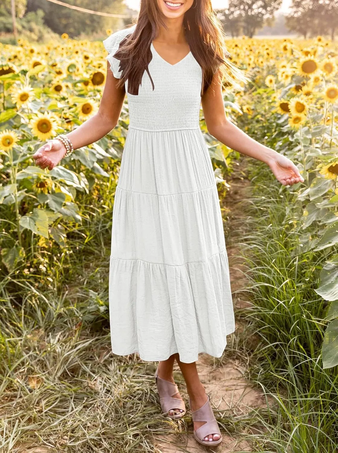 MEROKEETY Women's Flutter Sleeve Smocked Midi Dress V Neck Casual Tiered Dresses with Pockets