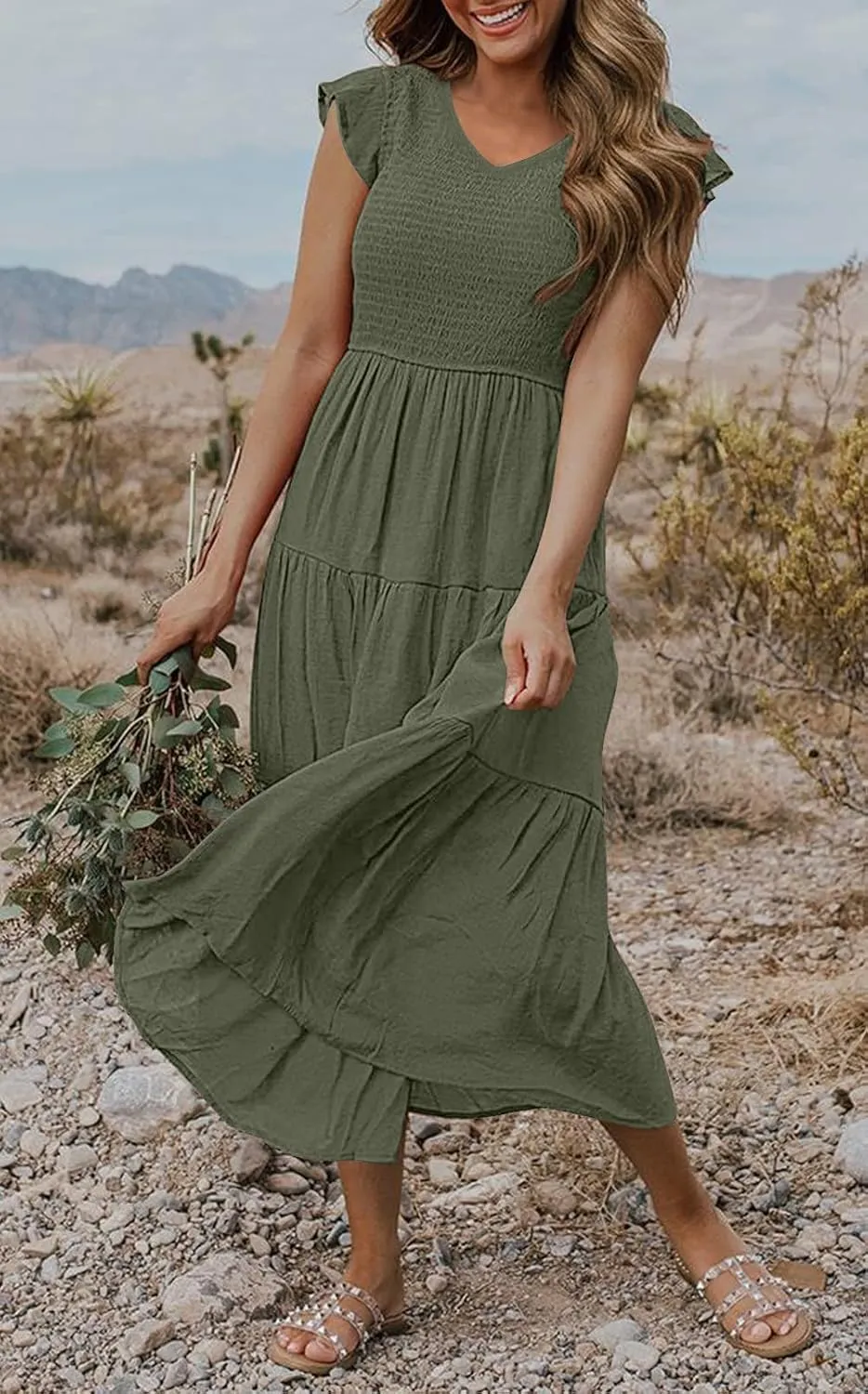 MEROKEETY Women's Flutter Sleeve Smocked Midi Dress V Neck Casual Tiered Dresses with Pockets