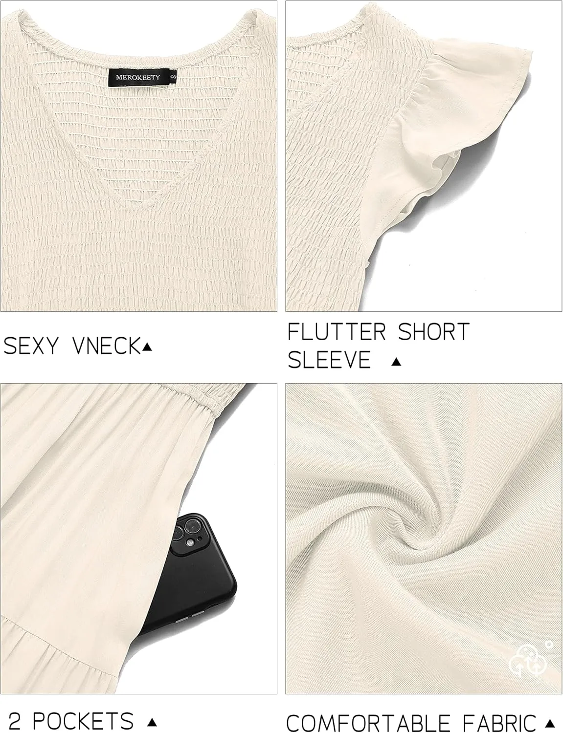 MEROKEETY Women's Flutter Sleeve Smocked Midi Dress V Neck Casual Tiered Dresses with Pockets