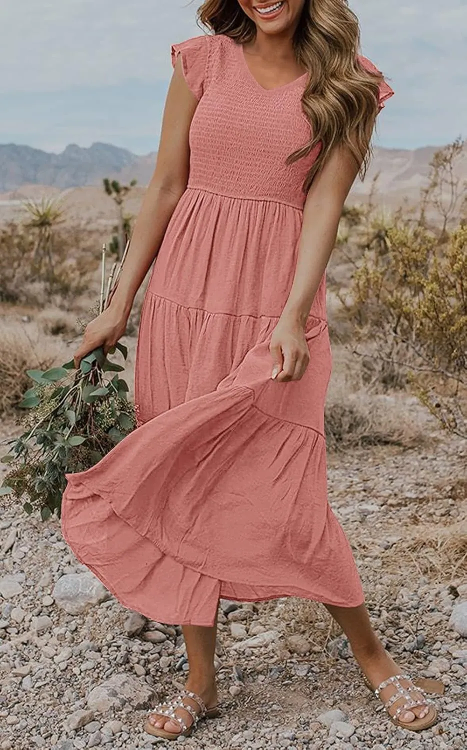 MEROKEETY Women's Flutter Sleeve Smocked Midi Dress V Neck Casual Tiered Dresses with Pockets