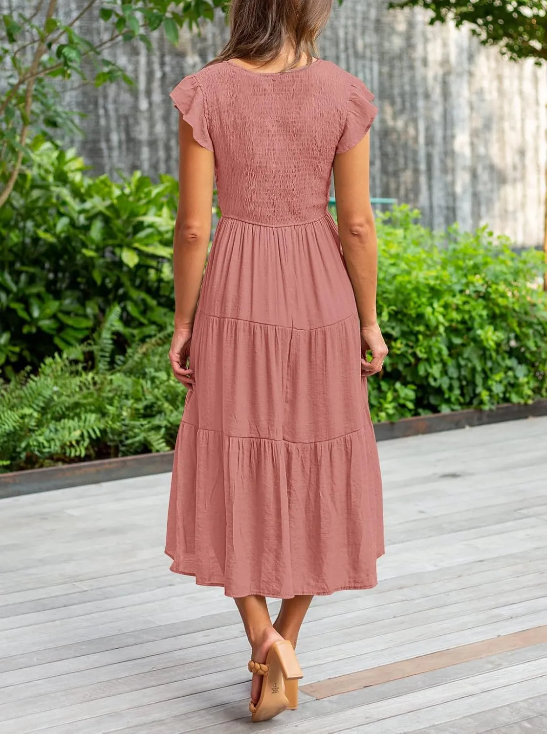 MEROKEETY Women's Flutter Sleeve Smocked Midi Dress V Neck Casual Tiered Dresses with Pockets