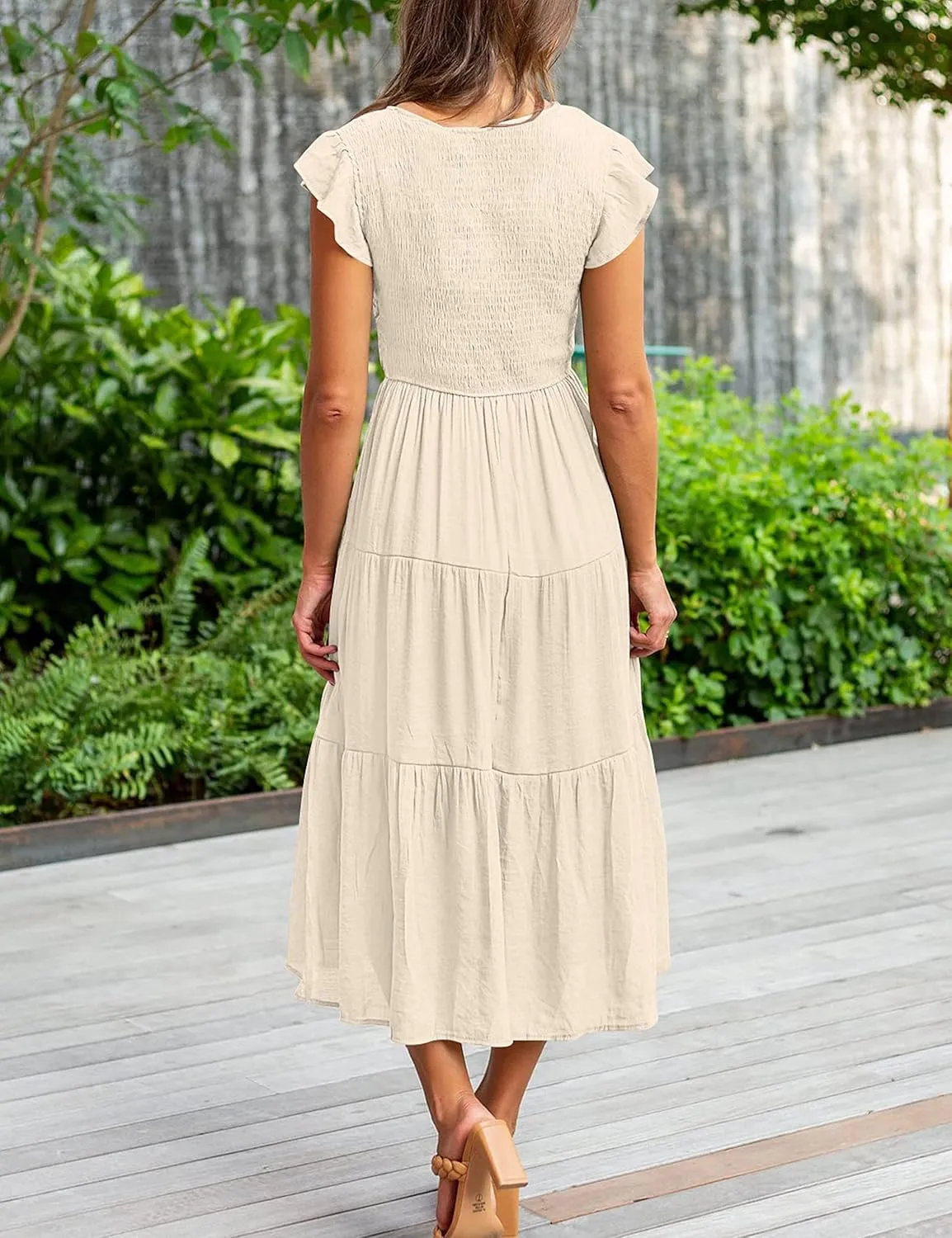 MEROKEETY Women's Flutter Sleeve Smocked Midi Dress V Neck Casual Tiered Dresses with Pockets