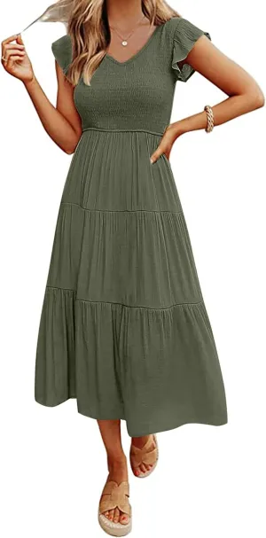 MEROKEETY Women's Flutter Sleeve Smocked Midi Dress V Neck Casual Tiered Dresses with Pockets