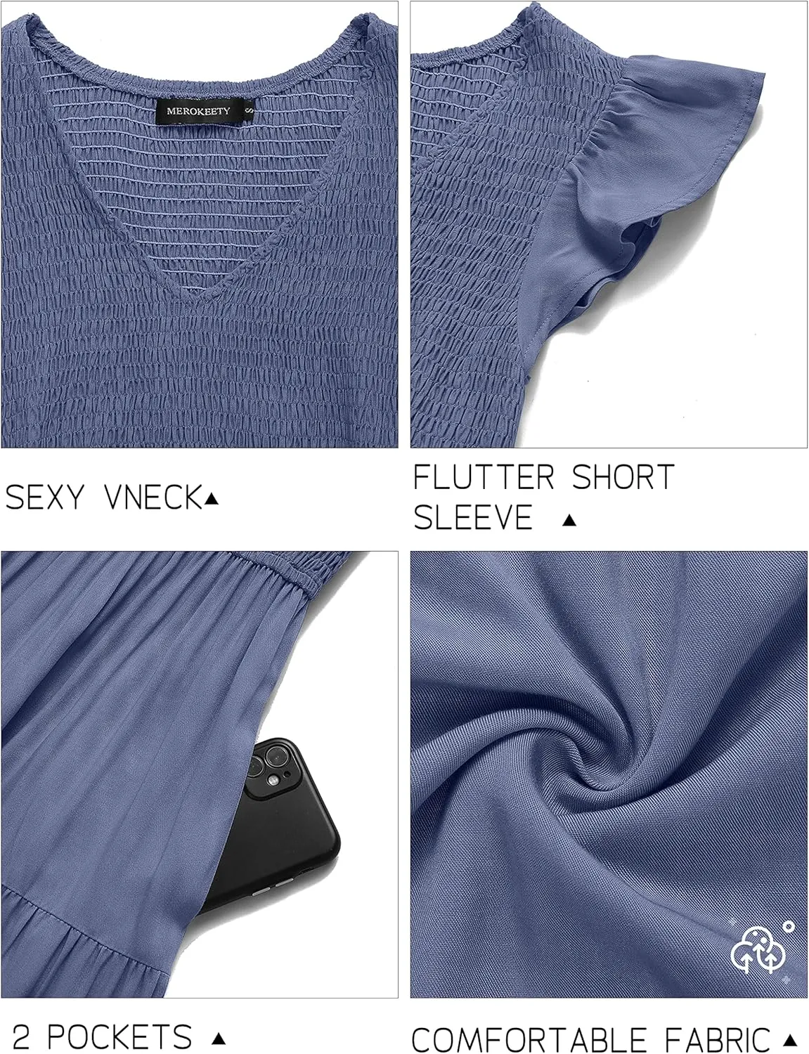MEROKEETY Women's Flutter Sleeve Smocked Midi Dress V Neck Casual Tiered Dresses with Pockets