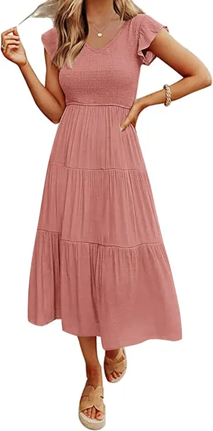 MEROKEETY Women's Flutter Sleeve Smocked Midi Dress V Neck Casual Tiered Dresses with Pockets
