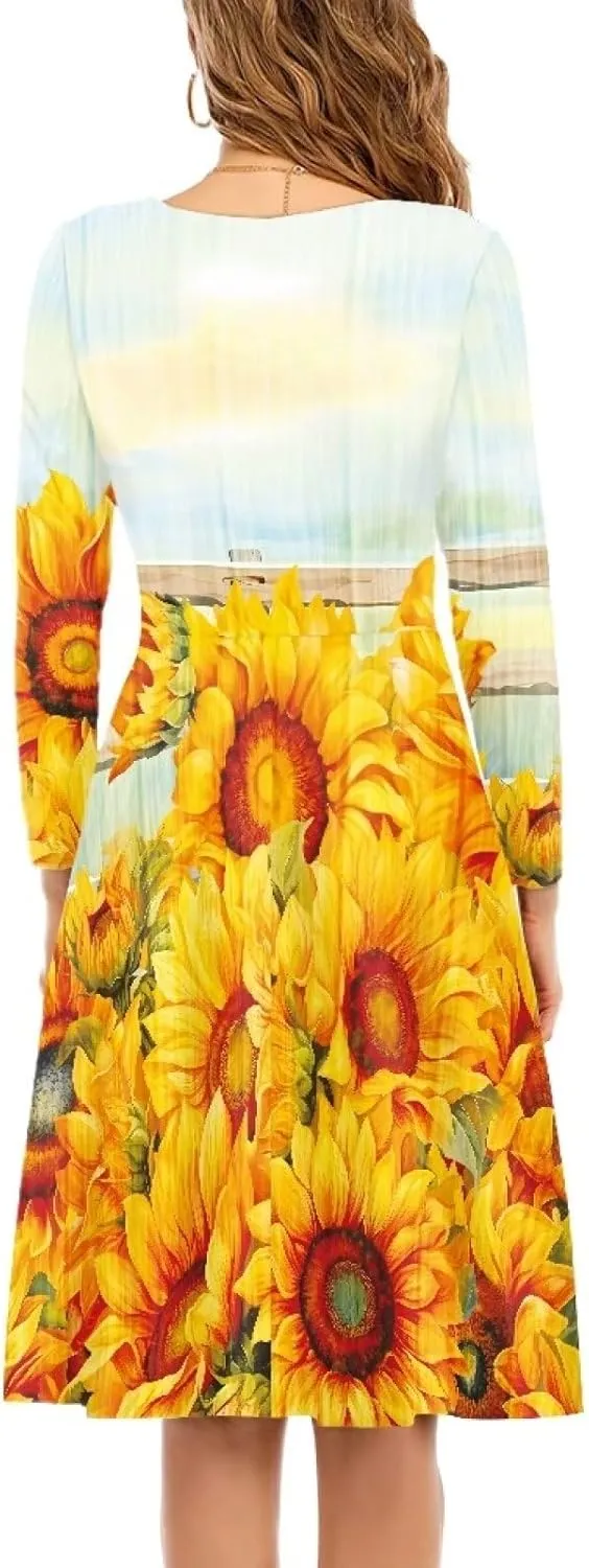 Midi Dresses for Women Fall Long Sleeve Puffy Dress Size S-4XL