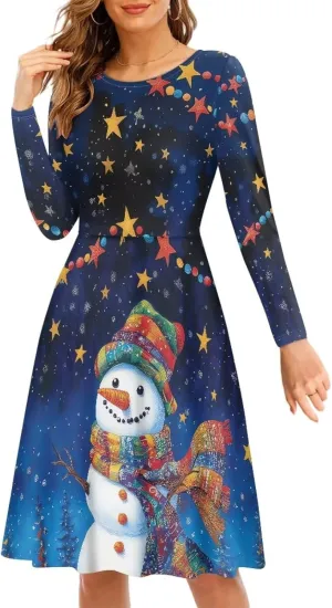 Midi Dresses for Women Fall Long Sleeve Puffy Dress Size S-4XL
