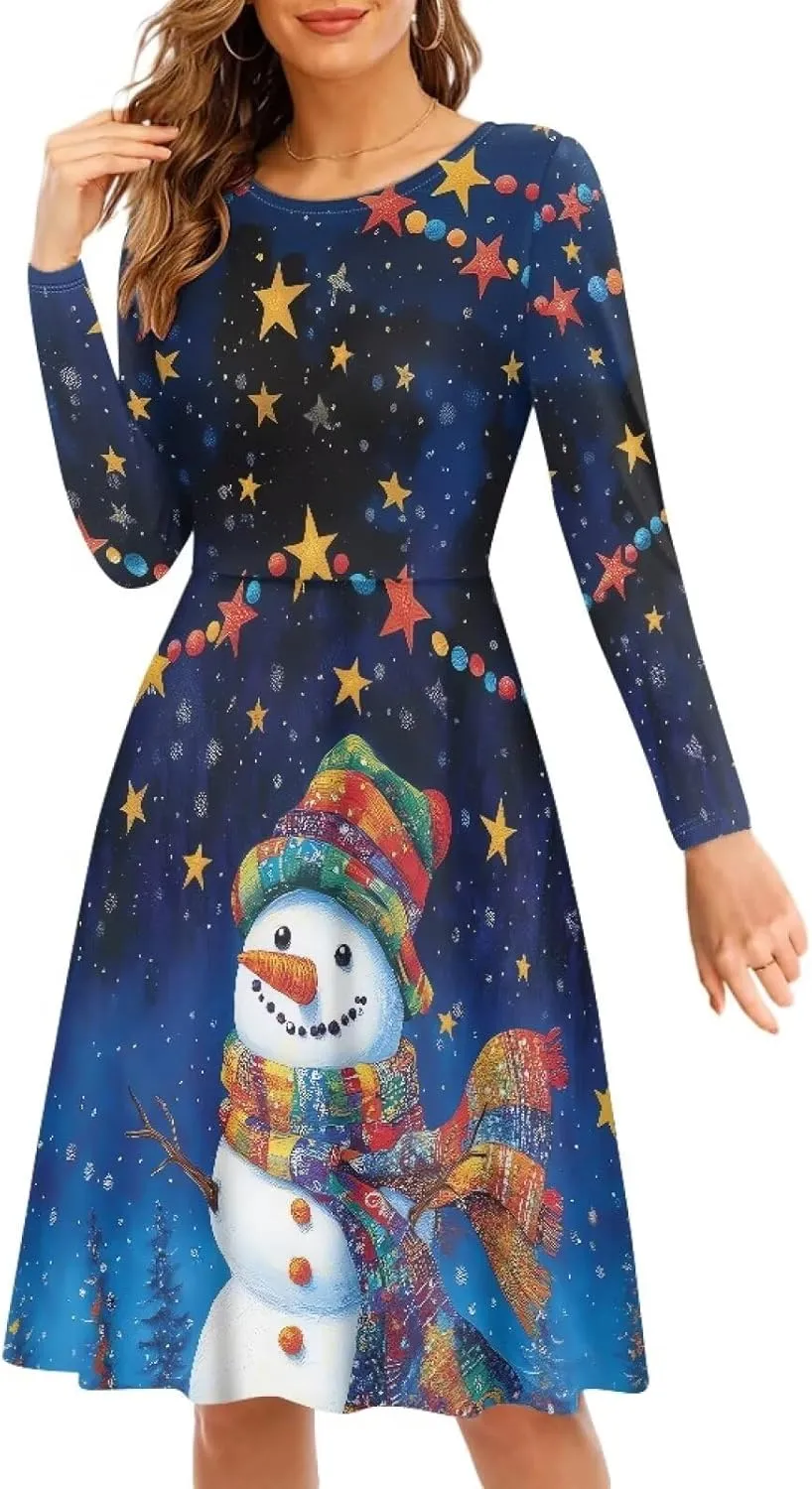 Midi Dresses for Women Fall Long Sleeve Puffy Dress Size S-4XL