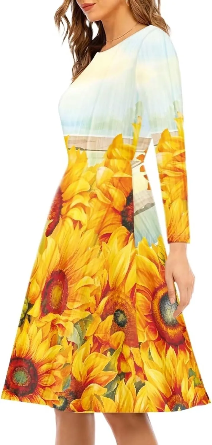 Midi Dresses for Women Fall Long Sleeve Puffy Dress Size S-4XL