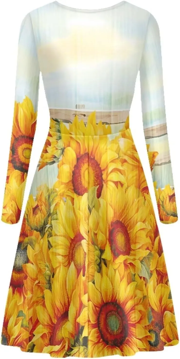 Midi Dresses for Women Fall Long Sleeve Puffy Dress Size S-4XL