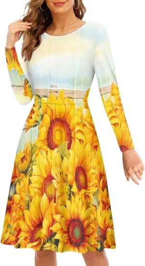 Midi Dresses for Women Fall Long Sleeve Puffy Dress Size S-4XL