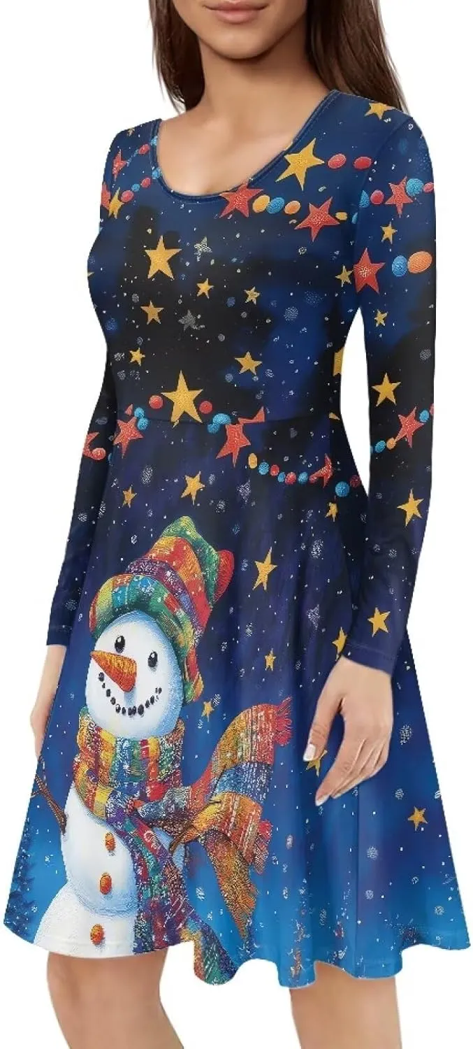 Midi Dresses for Women Fall Long Sleeve Puffy Dress Size S-4XL