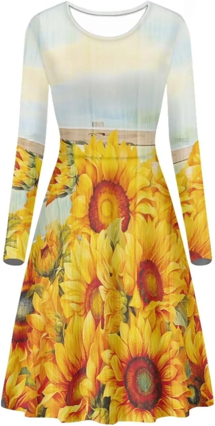 Midi Dresses for Women Fall Long Sleeve Puffy Dress Size S-4XL