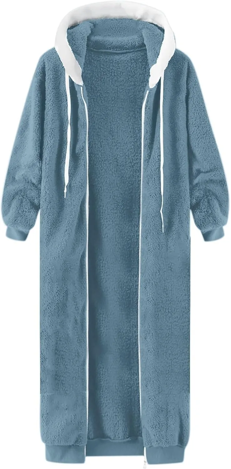 MINzYI Oversized Fleece Womens Sweatshirt Long Length Solid Zip Fuzzy Hoodies Oversized Casual Winter Warm Cozy Ladies Coats