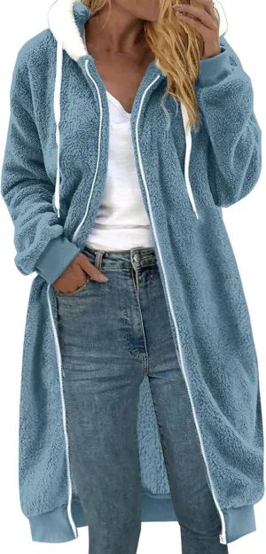 MINzYI Oversized Fleece Womens Sweatshirt Long Length Solid Zip Fuzzy Hoodies Oversized Casual Winter Warm Cozy Ladies Coats
