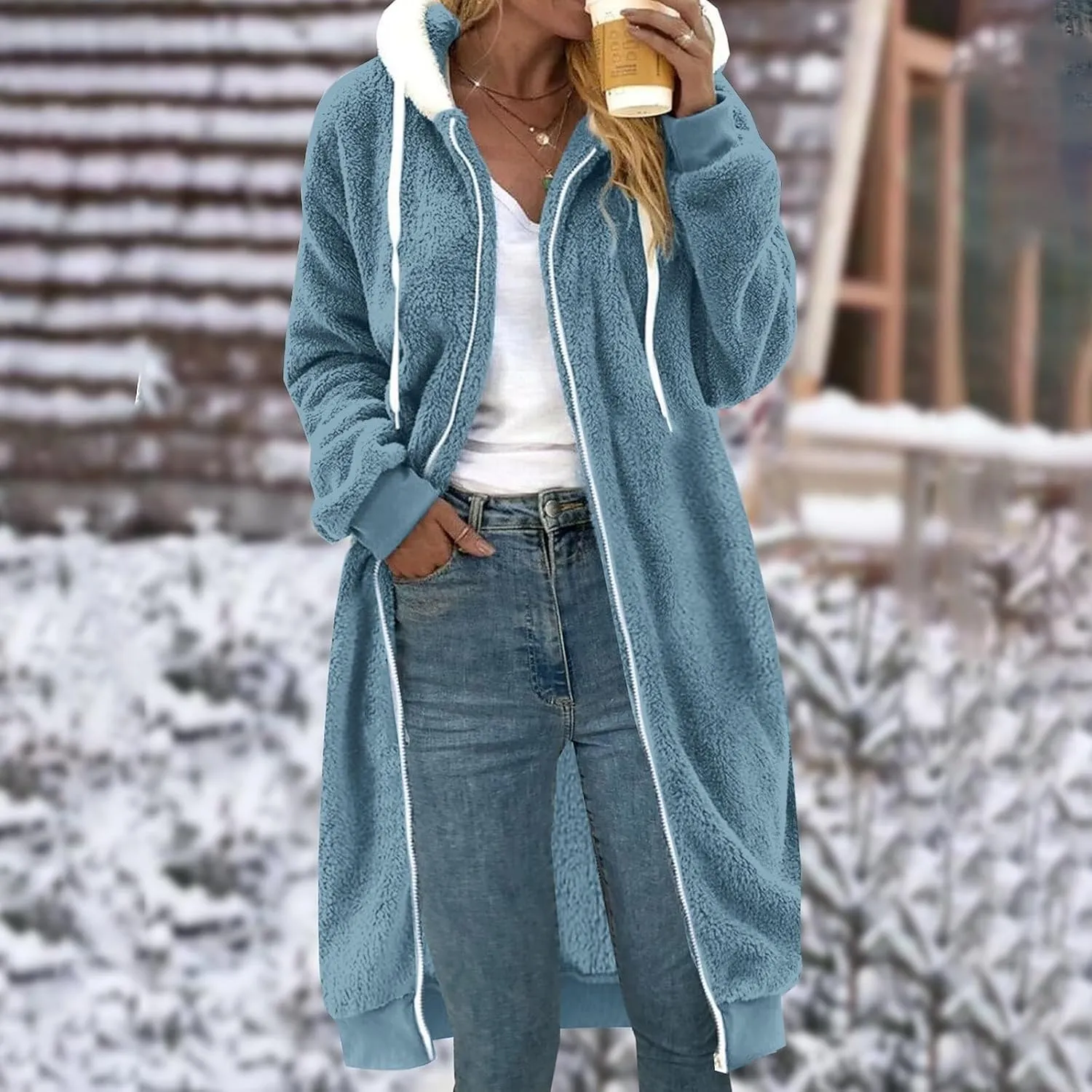 MINzYI Oversized Fleece Womens Sweatshirt Long Length Solid Zip Fuzzy Hoodies Oversized Casual Winter Warm Cozy Ladies Coats