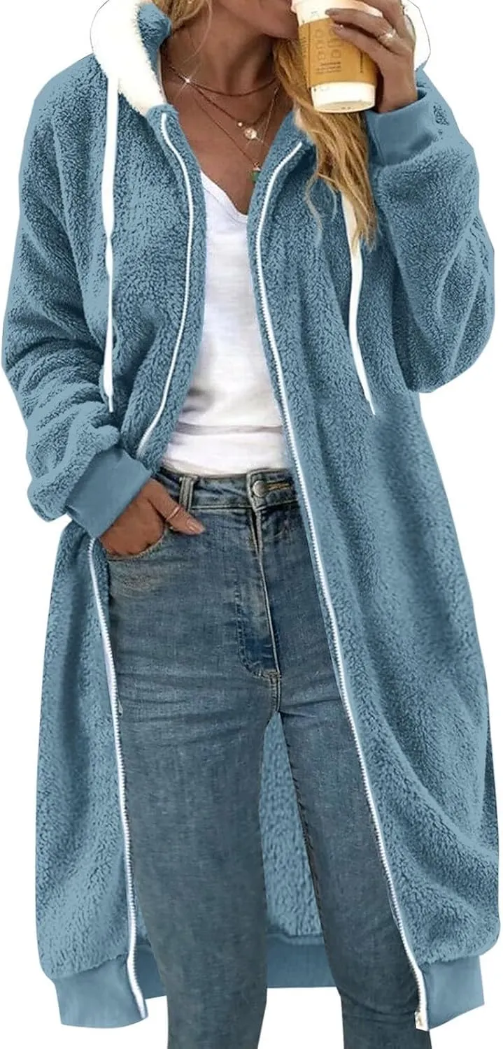 MINzYI Oversized Fleece Womens Sweatshirt Long Length Solid Zip Fuzzy Hoodies Oversized Casual Winter Warm Cozy Ladies Coats