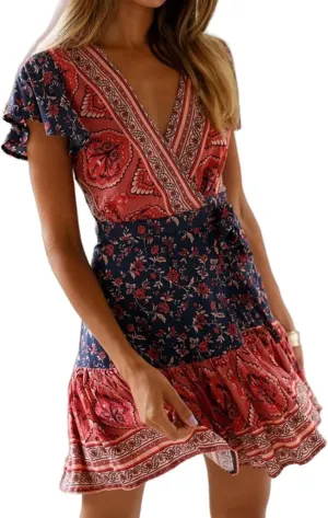 Mmoneyake Women Boho Mini Dress Short Sleeve Casual Dresses Floral Print Ruffle Dress V Neck Wrap Belted A Line Beach Dress