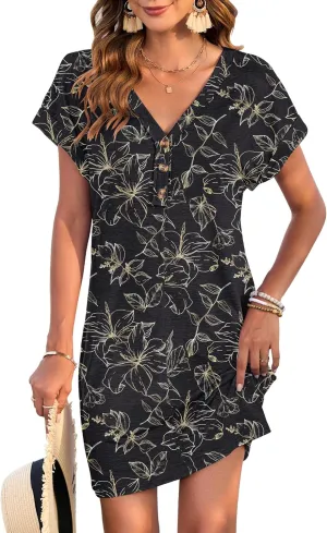 MOLERANI Women's Casual T Shirt V Neck Dress Summer Button Short Sleeve Dresses 2025 Mini Sundresses