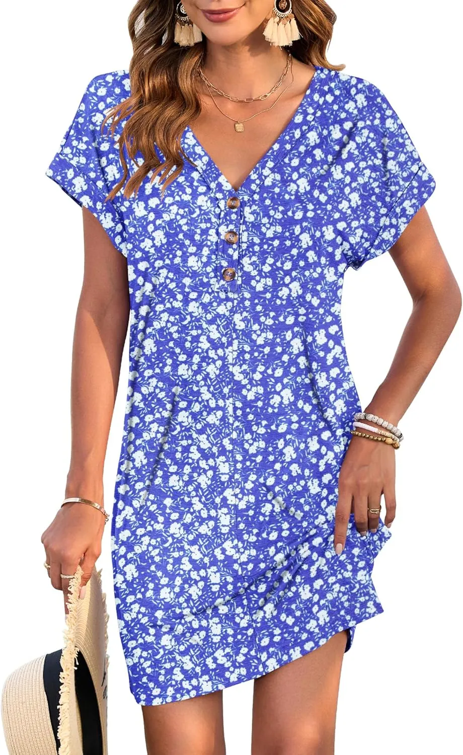 MOLERANI Women's Casual T Shirt V Neck Dress Summer Button Short Sleeve Dresses 2025 Mini Sundresses
