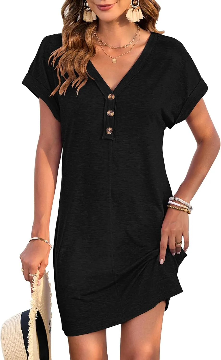 MOLERANI Women's Casual T Shirt V Neck Dress Summer Button Short Sleeve Dresses 2025 Mini Sundresses