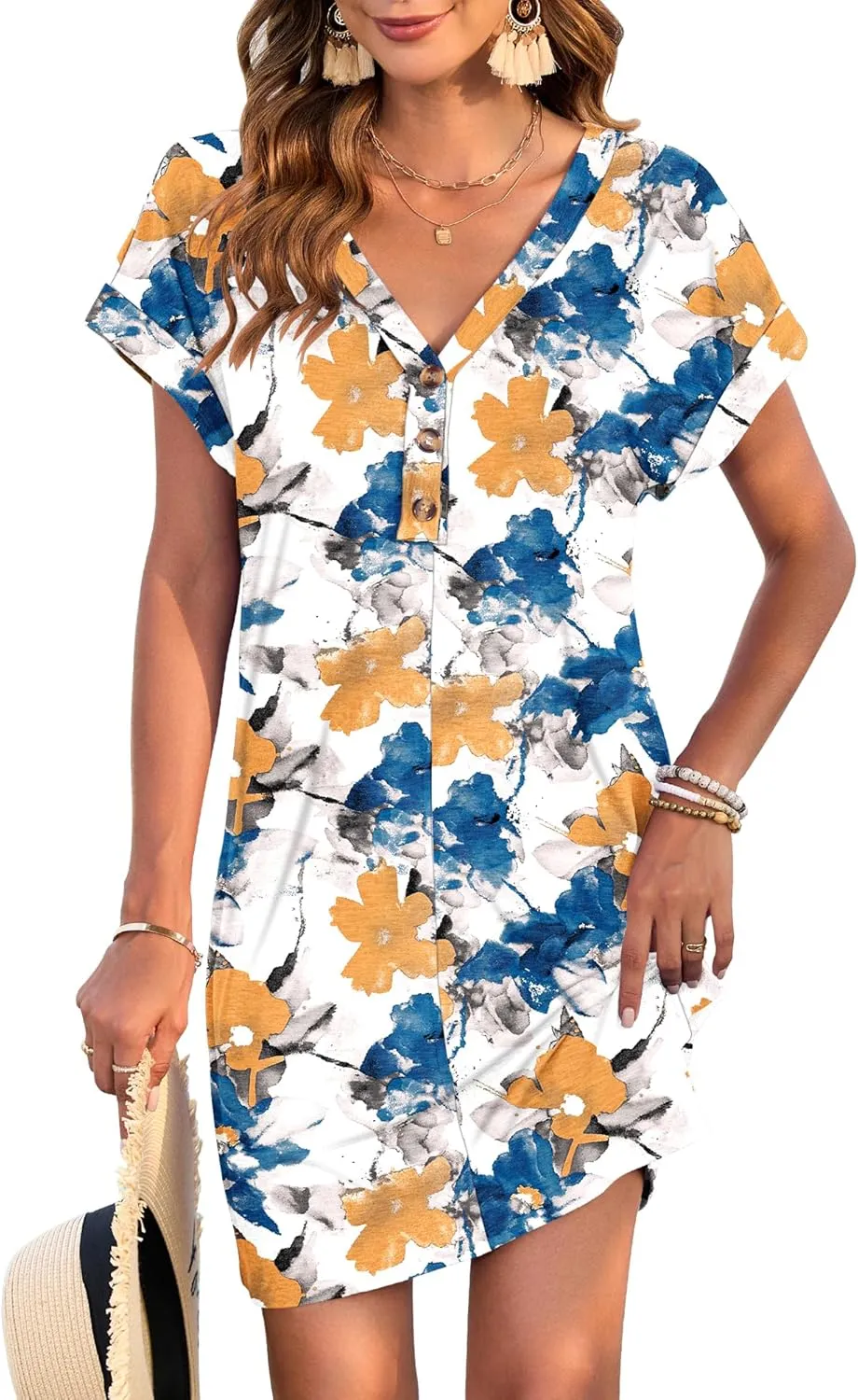 MOLERANI Women's Casual T Shirt V Neck Dress Summer Button Short Sleeve Dresses 2025 Mini Sundresses