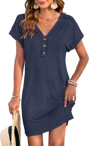 MOLERANI Women's Casual T Shirt V Neck Dress Summer Button Short Sleeve Dresses 2025 Mini Sundresses