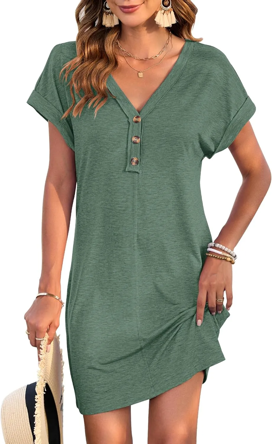 MOLERANI Women's Casual T Shirt V Neck Dress Summer Button Short Sleeve Dresses 2025 Mini Sundresses