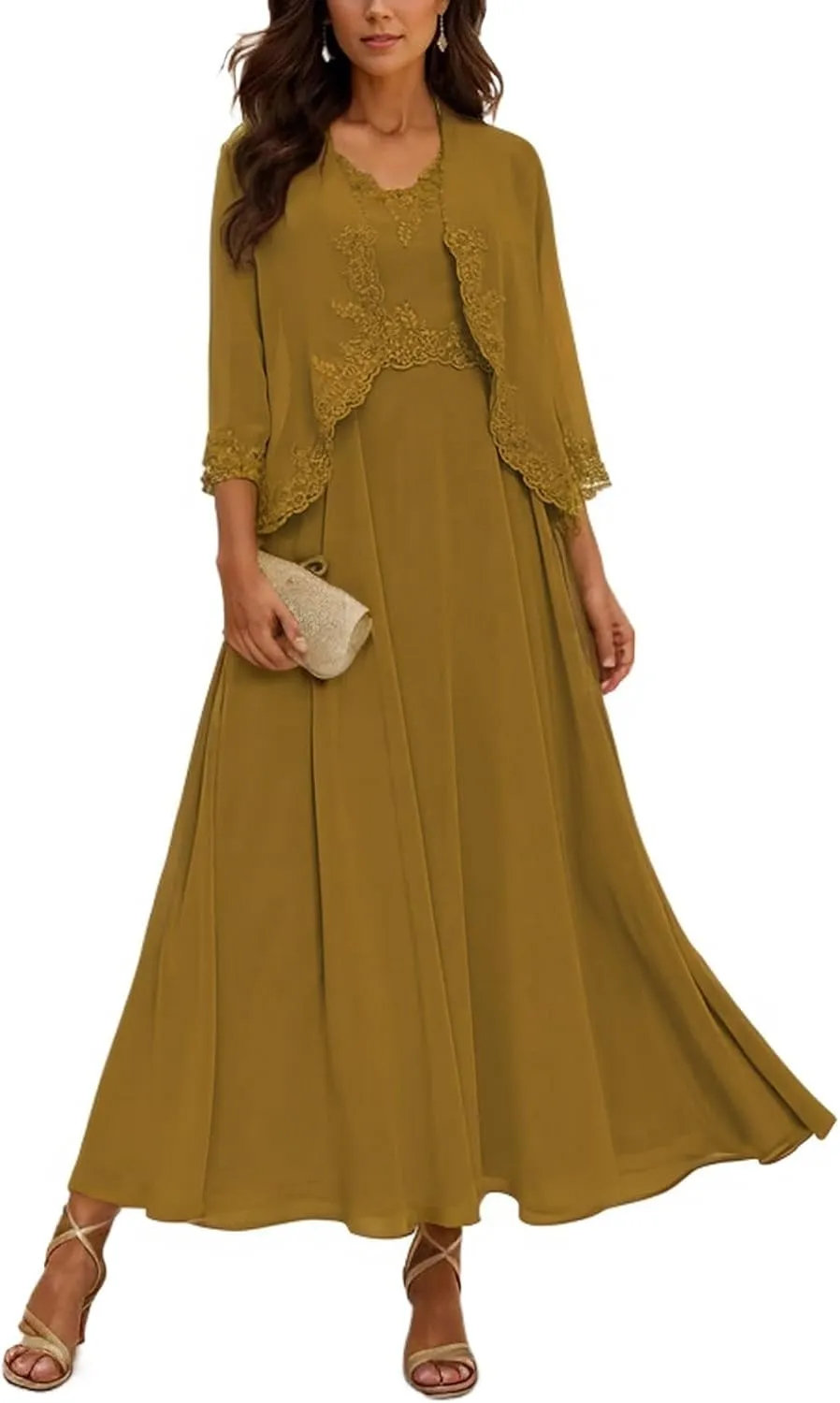 Mother of The Bride Dresses with Jackets Tea Length Chiffon Dresses for Women A-Line 3/4 Sleeve Evening Gown