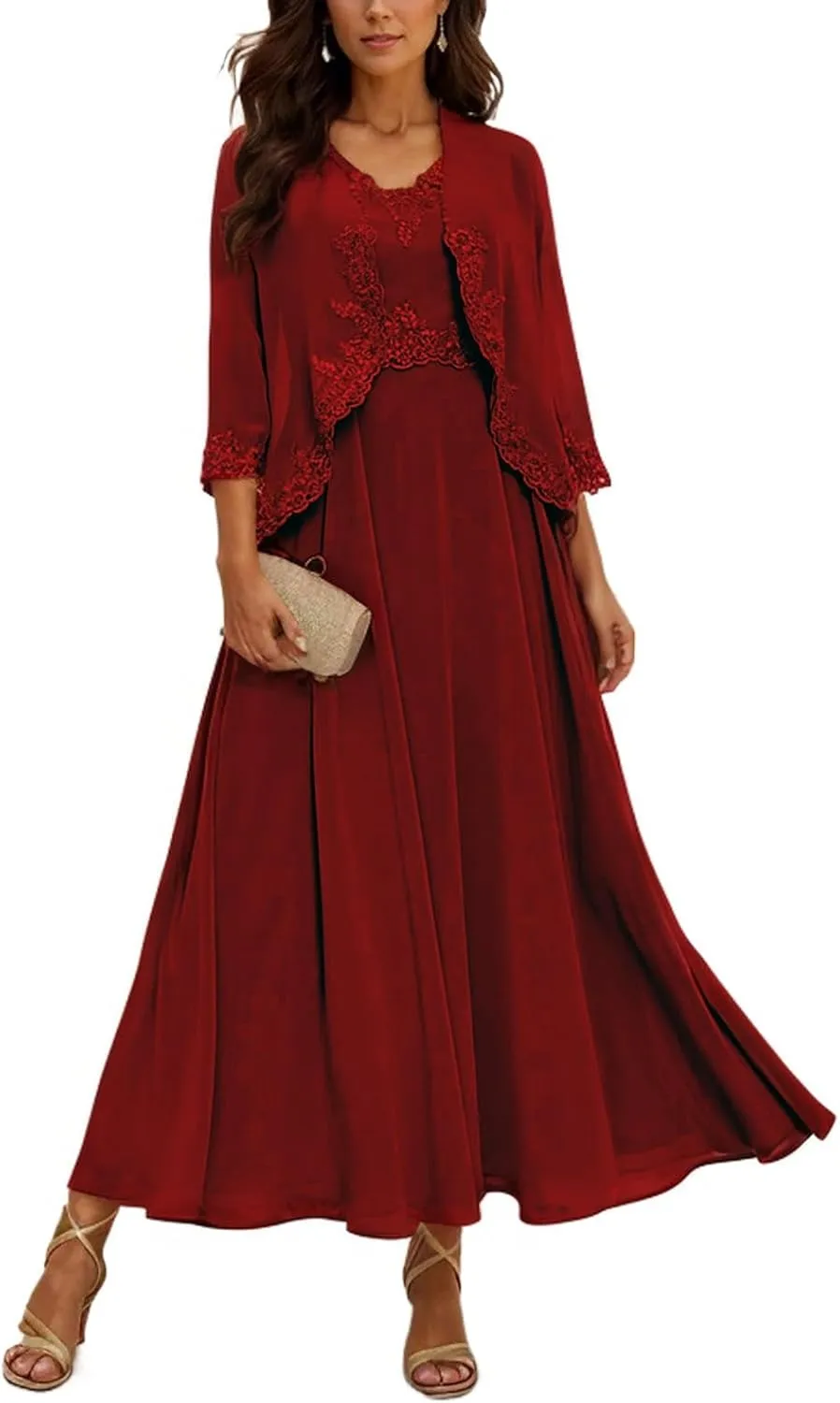 Mother of The Bride Dresses with Jackets Tea Length Chiffon Dresses for Women A-Line 3/4 Sleeve Evening Gown