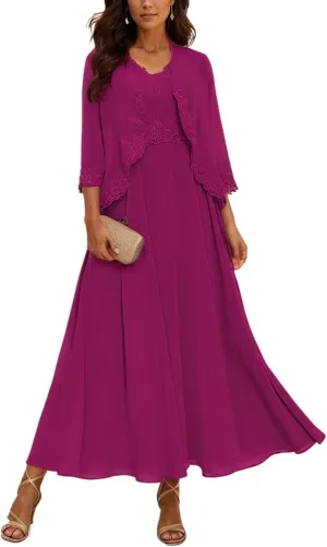 Mother of The Bride Dresses with Jackets Tea Length Chiffon Dresses for Women A-Line 3/4 Sleeve Evening Gown