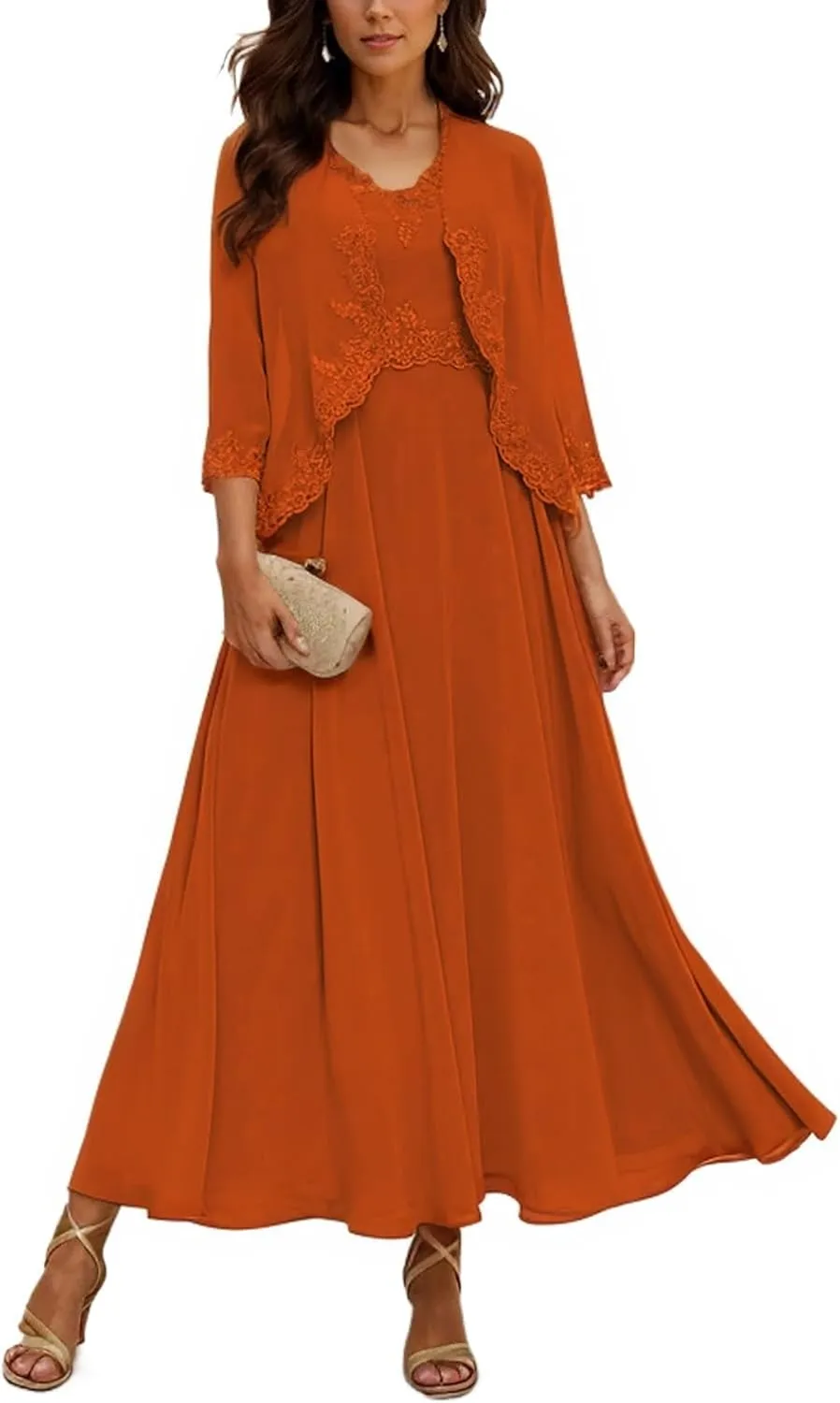 Mother of The Bride Dresses with Jackets Tea Length Chiffon Dresses for Women A-Line 3/4 Sleeve Evening Gown